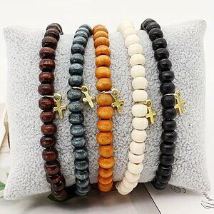 Bracelet 5pc Bohemian Wood Bead Cross Natural Wood Multi Strand Stackable Unisex